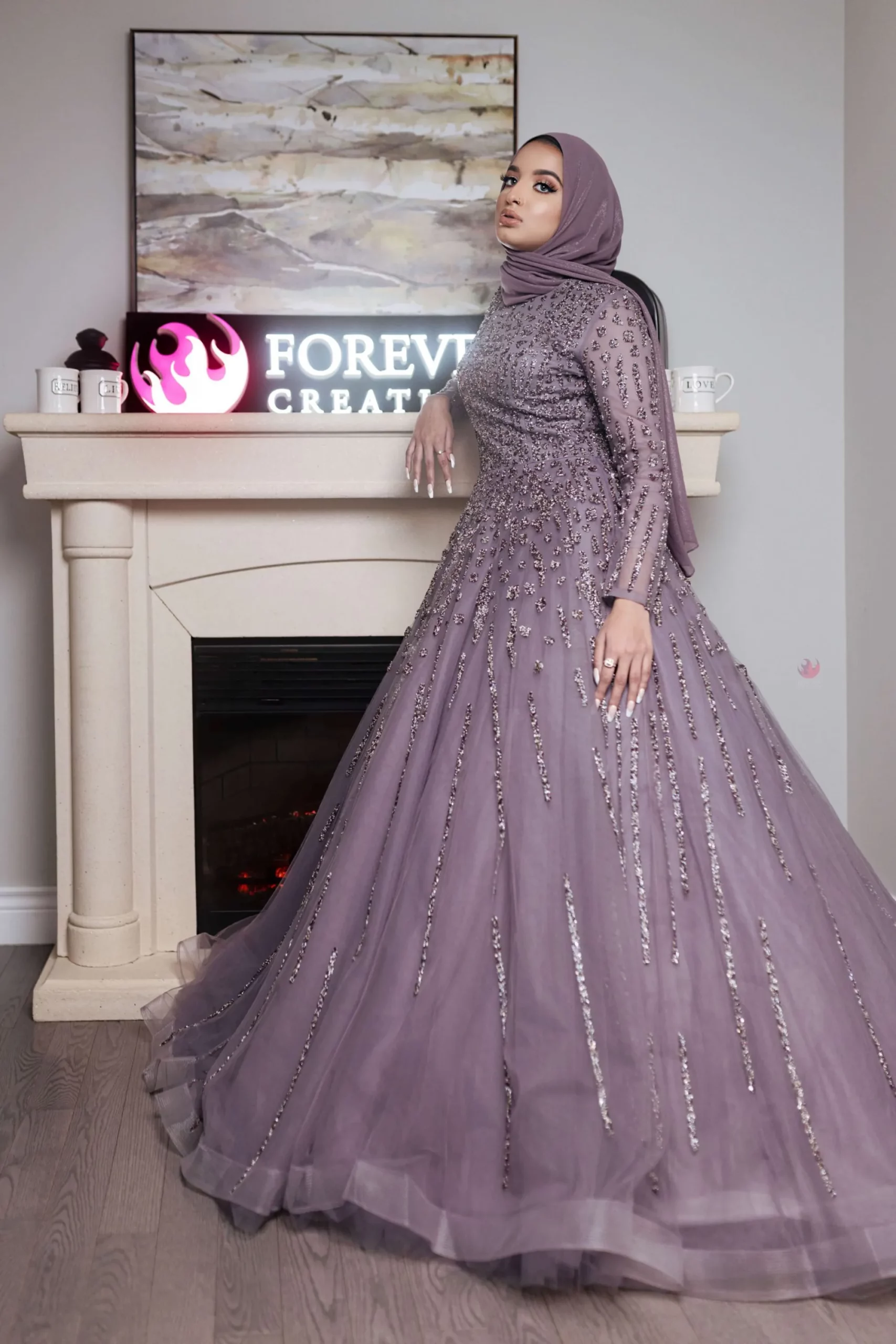 Faiza Mauve Heavy Beaded Puffy Dress