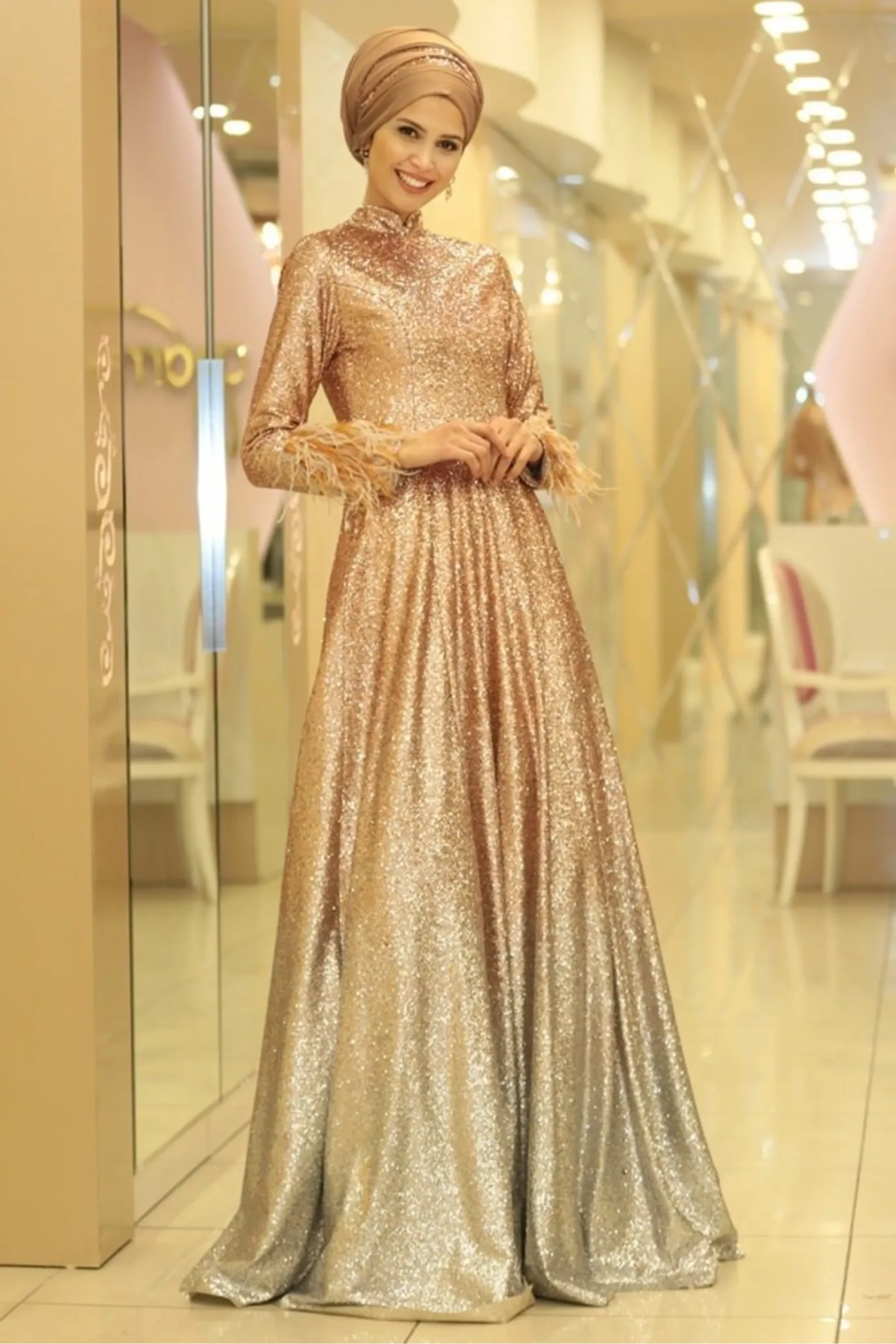 Fazila Gold Silver Dress | Sparky Modest Evening Gowns